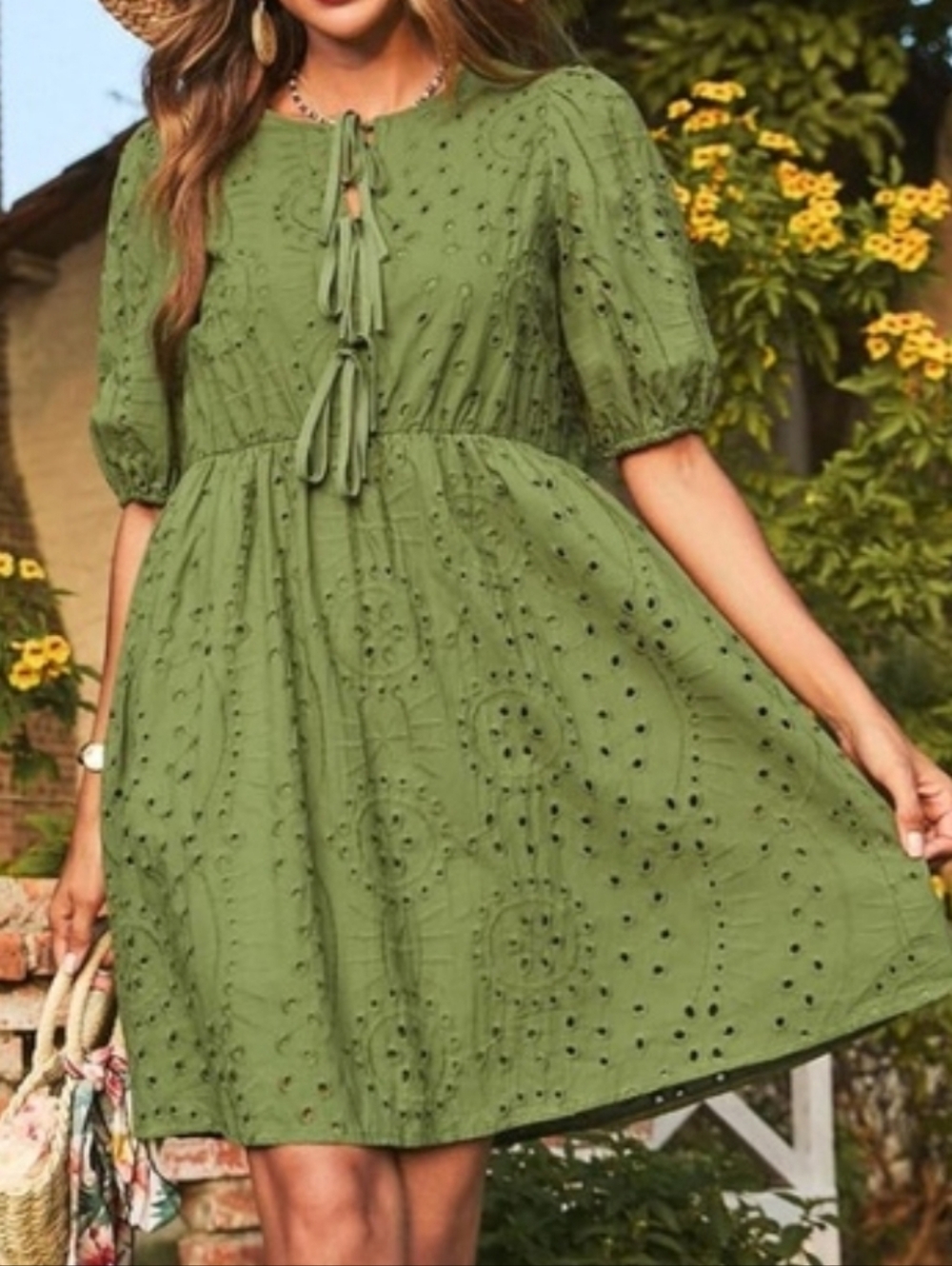 Olive Eyelet Tie-Front Summer Dress